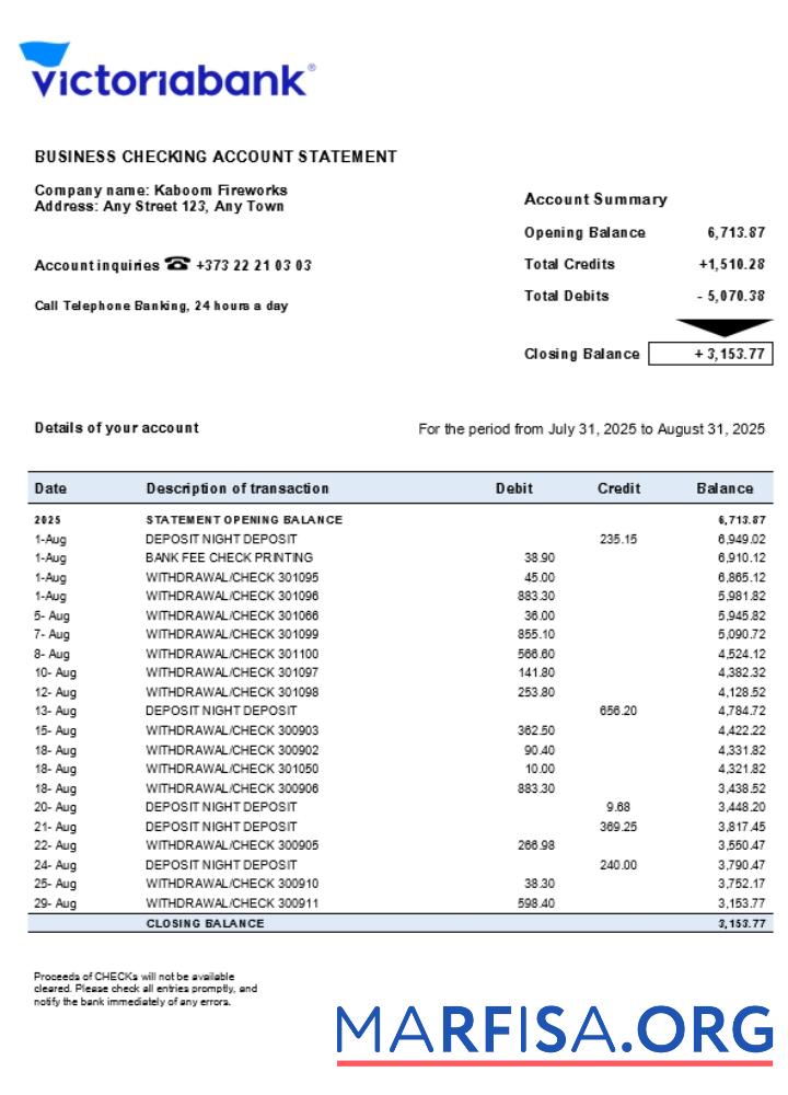 Realistic Victoriabank firm account statement Word and PDF template (1)